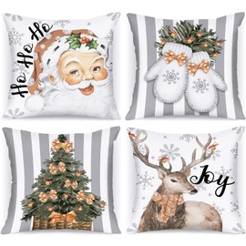Lanpn Pack of 4 White and Grey Vintage Cushion Cover Christmas Cushion Cover 30 x 50 cm Retro Rustic Santa Claus Decorative Christmas Cushion for Christmas Decoration Christmas Bed Linen Sofa