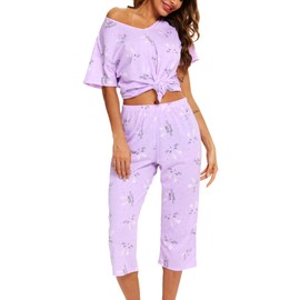 ENJOYNIGHT Women's Pajama Sets Cotton Sleepwear Tops with Capri Pants Summer Pjs (Tuzi, X-Large)