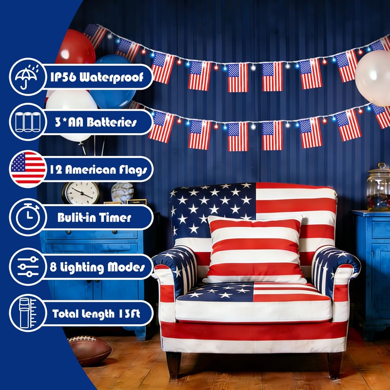RECESKY 4th of July Decoration Lights - Patriotic Battery String