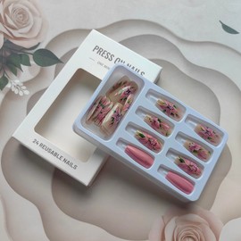 Flower Press on Nails Medium Pink Fake Nails with Designs Floral Pattern False Nails Leaf Green Stick on Nails Flower Nails Press on Acrylic Nails Lily Artificial Nails Glossy Glue on Nails for Women