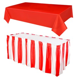 Yaure Joy Red and White Striped Table Skirt and Red Table Cloth for Carnival Home Party Decoration, 165 x 30 Inches (2)