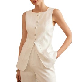 Mina Self Linen Vest Tops For Women 2025 Summer Long Lightweight White Business Casual Women's Outerwear Work Office Fashion Trendy Womens Jackets Waistcoat CMJ001 White L