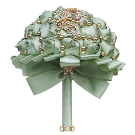 Gkvszy Handmade Wedding Bouquet with Golden Rhinestone Brooch Pearl Bridal Bouquet for Bride Bridesmaid Quinceanera Satin Rose Flower Bouquet Wedding Sage Green 7.1in