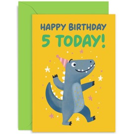 Old English Co. Happy 5th Birthday Card for Boy or Girl - Funny Cartoon Party Dinosaur Fifth Birthday Card - Age Five Card - For Son, Daughter, Grandson, Granddaughter | Blank Inside Envelope