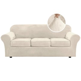 H.VERSAILTEX H.VERSAILTEX Modern Velvet Plush 4 Piece High Stretch Sofa Slipcover Furniture Protector Form Fit Luxury Thick Sofa Cover for 3 Cushion Couch, Machine Washable Width Up to 90 Inch(Sofa,Ivory)