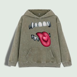 Heart Tongue Graphic Hoodie 100% Cotton US Warehouse 6 ColorsColor: Army Green, Size: M