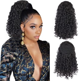 AISI BEAUTY Black Curly Ponytail Extension Drawstring Ponytail for Black Women 14 Inch Fake Pony Tail Synthetic Ponytail with 2 Clips in(Jet Black)