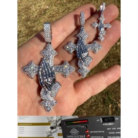 Hip Hop MOISSANITE Gothic Cross & Praying Hands Pendant Iced Real 925 Silver Necklace - Small (1")