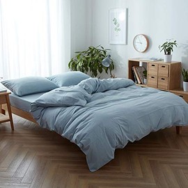 Light Blue Duvet Cover, 100% Yarn Dyed Washed Cotton 3 Pieces Bedding Set, Solid Color Casual Simple Style Chambray Duvet Cover, Luxury Relaxed Soft Feel Natural Wrinkled Easy Care (Light Blue, Queen)