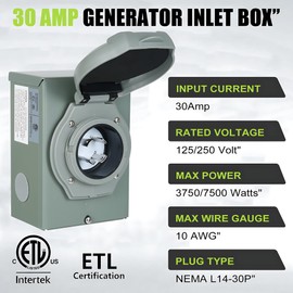 SVNR 30 Amp Generator Inlet Box, NEMA L14-30P Generator Transfer Switch for 4 Prong Power Cord, 125/250 Volt, 7500 Watts, RV Outdoor Use, Weatherproof ETL Listed