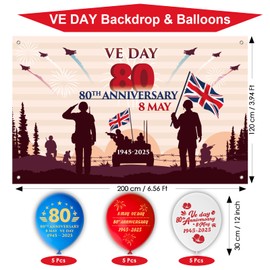 AhfuLife VE Day 80th Anniversary 2025 Backdrop Banner Set, 200 x 120cm Large Banner with 15Pcs VE Day Balloons for 80 Years VE Day Decorations Memorabilia Flag (200 x 120 cm)