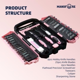 MANUFORE 34pcs Large Exacto Knife set Deluxe Craft Precision Knife Set Include 3pcs Craft Knives with Anti-Slip Rubber Grip, 25pcs Different Blades, 2pcs Needles, Sharpening Stone, Screwdriver