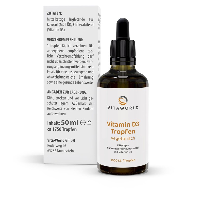 Vitaworld Vitamin D3 Drops 1,000 IU 50 ml Lanolin Vegetarian,