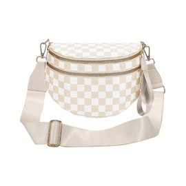 Riñonera a cuadros para mujer, riñoneras cruzadas con bolsa para auriculares, paquete de cintura a cuadros, gris, (Pure-Grey), Large, Casual