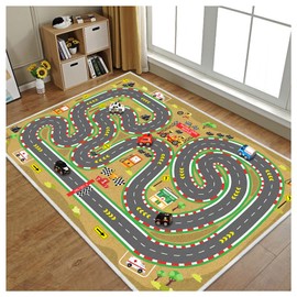 Kids Car Rug, Race Track Playmat Rugs for Cars, Road Traffic Carpet for Playroom, Fun City Life Map Toy Play Mat for Bedroom Boys(Desert Mirage Track,2.6×3.9ft/31×47in)