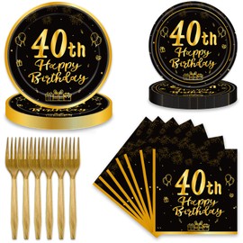60Pcs 40th Birthday Party Supplies 40th Birthday Plates Napkins Forks Tableware Set Black Gold Happy 40th Birthday Themed Tableware Decoration for Men Women Birthday Party Tableware (Black Gold 40th)