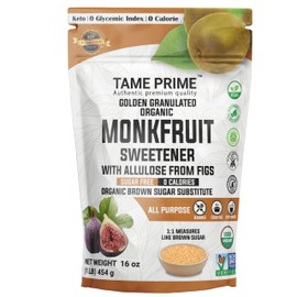 Tame prime USDA Organic Brown Monkfruit sweetener with Allulose from figs, 1 lb (454 g), 1:1 sweet like brown sugar, organic monk fruit without erythritol, 0 calories, 0 Glycemic index, Keto brown sugar, golden granulated, organic brown sugar substitute