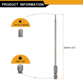 sourcing map H1.5 Hex Head Drill Bit Wrench 1.5mm Metric Flat Tip 1/4" Hex Shank 200mm (8") Long Magnetic Hexagonal Screw Driver Socket Industrial Screwdriver Power Bits