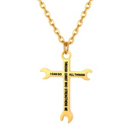 Cupimatch Men's Wrench Cross Pendant Necklace Titanium Steel Bible Verse Philippians 4:13 I CAN DO ALL THINGS Plumber Tool Cross with 22" Chain Black Gold Silver