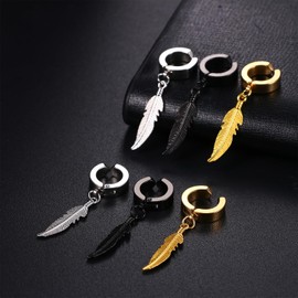 Non-Pierced Feather Dangle Hoop Earrings: 3Pairs Stainless Steel Clip on Leaf Hinged Hoops Earrings Jewelry for Men Womens