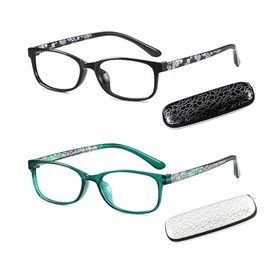JiSoo Stylish Reading Glasses Women 1.75-2 Pack Designer Readers Trendy Rectangular Reading Glasses 1.75+， Green+Black