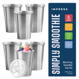 IMPRESA Smoothie Cups for Freezer - 16.9 Oz Stainless Steel Glossy Silver 6-Pack - Reusable Slide-Top Spill-Resistant Lids & Dry-Erase Friendly - Meal Prep Smoothie Storage Containers