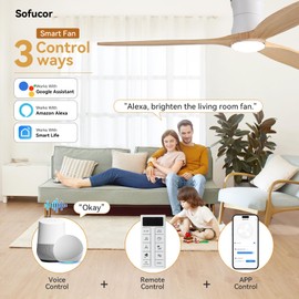 Sofucor 52" Smart Ceiling Fan, Solid Wood Ceiling Fan with Lights and Remote, Flush Mount Ceiling Fan Works with Alexa/Google/App, Dimmable 6-Speed Timing Reversible DC Motor for Bedroom Living Room