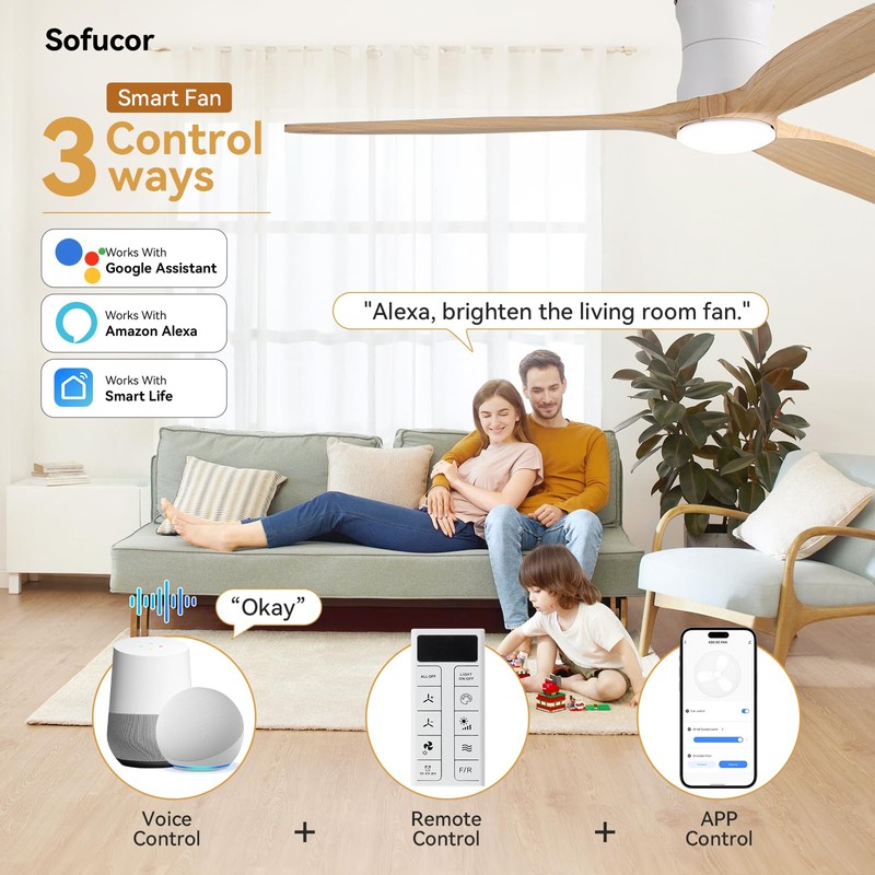 Sofucor 52" Smart Ceiling Fan, Solid Wood Ceiling Fan with
