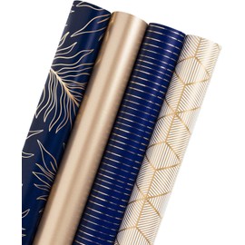 WRAPAHOLIC 30 Inch Navy Wrapping Paper - Jumbo Roll Gold and Navy Print with Cut Lines for Christmas, Birthday, Holiday, Father's Day, Baby Shower - 4 Rolls - 30 Inch x 120 Inch Per Roll