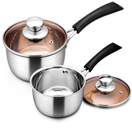 LIANYU Saucepan with Lid, 1 Quart and 2 Quart Stainless Steel Saucepan, Small Pot Milk Soup Pan for Home Kitchen Restaurant, Long Heatproof Handle, Dishwasher Safe