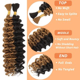 Human Braiding Hair Mix Synthetic Boho Hair for Braiding, 16 Inch Wet and Wavy 2 Pcs Deep Wave Bulk or Curly Bohemian Extensions(P4/27, 16Inch)
