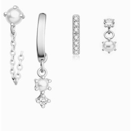 3pair Small Hoop Earrings Set, Dainty Small Hoop Earrings for women. 14K Gold Plated Chunky Open Hoop CZ Dangle Huggie Cartilage Stud Earrings Multiple Piercings earring (4pair pearl silver)