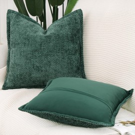 Madizz Set of 2 Chenille Velvet Cushion Covers with Flange Soft Boho Textured Throw Pillow Covers Broadside Pillowcases Modern Farmhouse Home Decor for Sofa Bedroom Dark Green 24x24 inch, 60x60 cm
