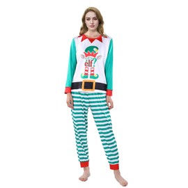 Homlume Family Christmas Pajamas ELF Tee & Striped Bottoms for Women, X-Large