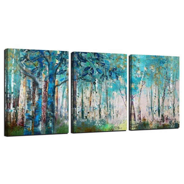 Ardemy Blue Birch Trees Wall Art Forest Landscape Picture Modern Canvas, Summer Nature Teal Abstract Painting Artwork 12"x16"x3 Panels Framed for Bathroom Living Room Bedroom Home Office Wall Decor