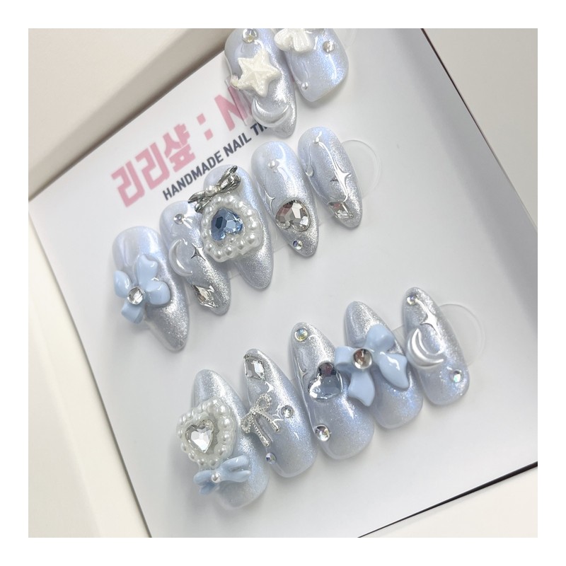 Metallic Blue Beam Handmade Nail Tips - Coffin / 메탈릭