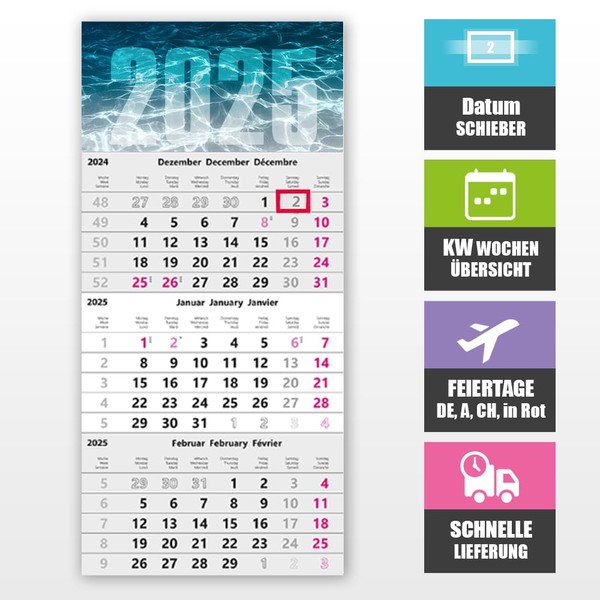 3-Month Calendar 2025 with Date Slider - Wall Calendar 30