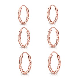 DTPsilver - 3 Pairs of Earrings - Small Round Twisted Hoop Earrings - 925 Sterling Silver, Yellow Gold Plated or Rose Gold Plated - Thickness 1.8 mm - Diameter 10, 12 and 14 mm, Sterling Silver