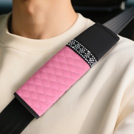 wuyaoyao 2PCS Bling Car Seat Belt Cover Pad, Breathable Leather Seatbelt Covers for Cars, Soft Comfortable Seatbelt Shoulder Strap Covers, Rhinestone Auto Seat Belt Protector Cushion (Pink)