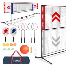 JOLORLY Badminton Sets for Backyards, Kids Volleyball Pickleball Combo Set with Net, Adjustable Width and Height (13.5ft/20ft Width x 7ft max Height) Portable Freestanding Rackets Set