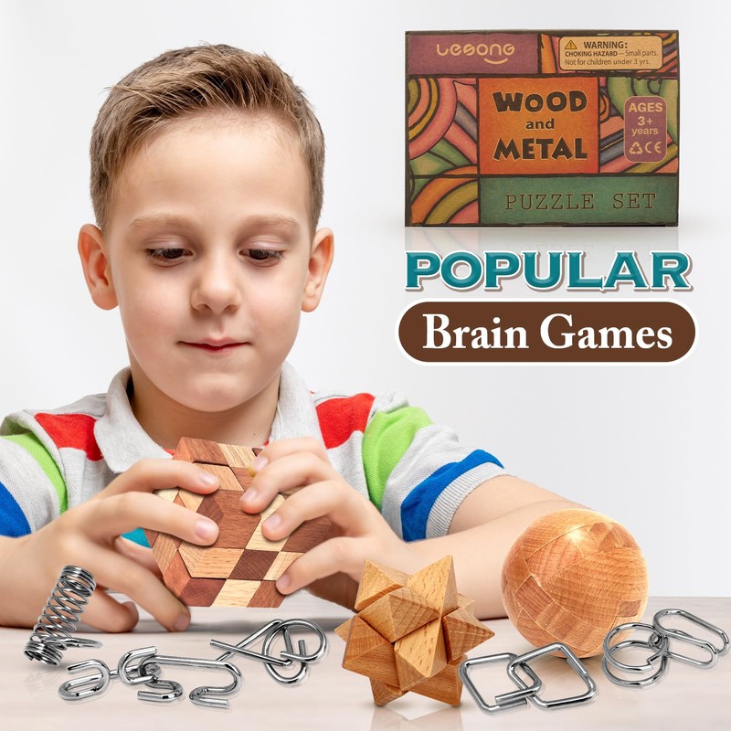 Brain Teaser Wooden Metal Puzzles - Stocking Stuffers Brain Teaser