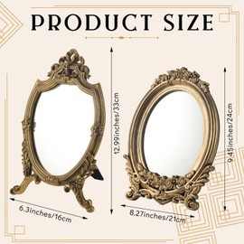 Threehoney 2PCS Retro Vanity Makeup Desk Mirror, Small Gold Antique Decorative Mirror, Table Mirror with Stand, Ornate Traditional Chic Baroque for Living Room Bedroom Dresser Tabletop Desktop Decor