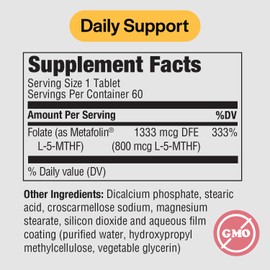 PureFormulas Methylfolate 800 mcg – Active B9 (5-MTHF) for Cardiovascular, Nerve & Mood Health, Non-GMO Vegetarian Tablets, 60 Count