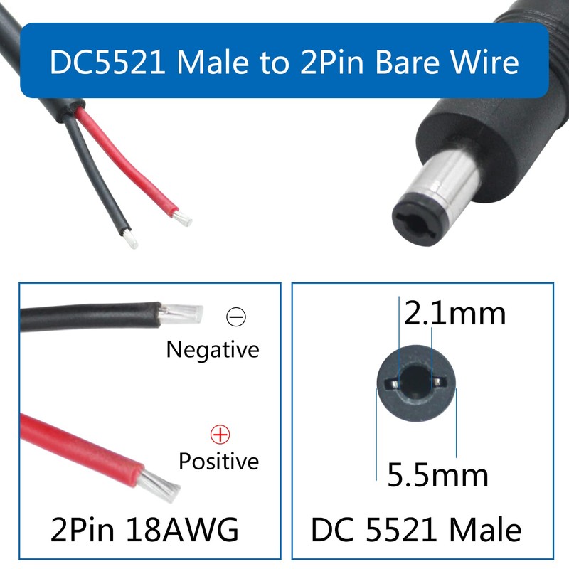 12V DC Power Pigtails Cable,0.5m/1.65ft DC 5.5mm x 2.1mm Male