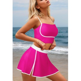 Pink Queen Women's Cute Two Piece Swimsuits with Skirts Spaghetti Straps Square Neck Bathing Suits Empire Waist Bikini Skorts Sets Summer Hot Pink XL
