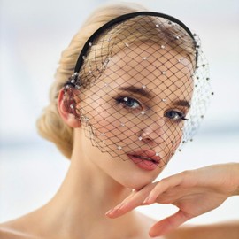 AEDOVE Black Mesh Veil Fascinator Headband 1920s Headpiece for Women, Black Funeral Veil with Rhinestones, for Tea Party, Black Church, Cocktail Party, Christmas for Girls Women Costume Accessories