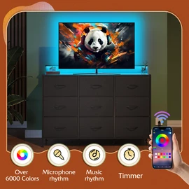 WLIVE Black TV Stand for 45, 50, 55 inch TV, Entertainment Center with LED Lights & Charging Station, TV Media Console Table with 9 Fabric Drawers and Open Shelves for Living Room, Hallway, Wood Top