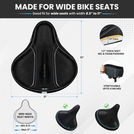 X WING Bike Seat Cushion, Gel Padded Bicycle Seat Cover for Men & Women Comfort, Ultra-Soft Saddle Cushion, Wide Bike Seat Cover Fits with Peloton, Exercise, Stationary, Indoor Outdoor (‎12" x 11")