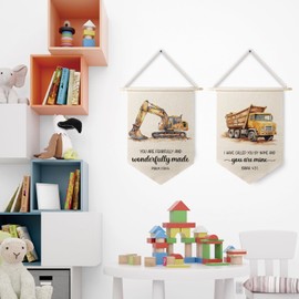 Qpenm Construction Decor for Boys Room, Construction Bible Verses Wall Hanging Canvas Banner, Christian Nursery Hanging Pennant Flag Posters Prints for Toddler Little Boys Kids Room Decor, Set of 2