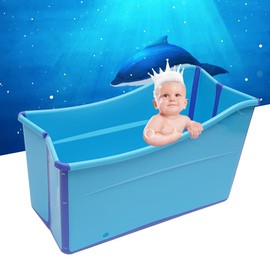 Large Home Foldable Bathtub, Blue Portable Ice Soaking Bath Tub for Adult in Bathroom, Freestanding Tub with 3.6ft Drain Hose & Drain Plug